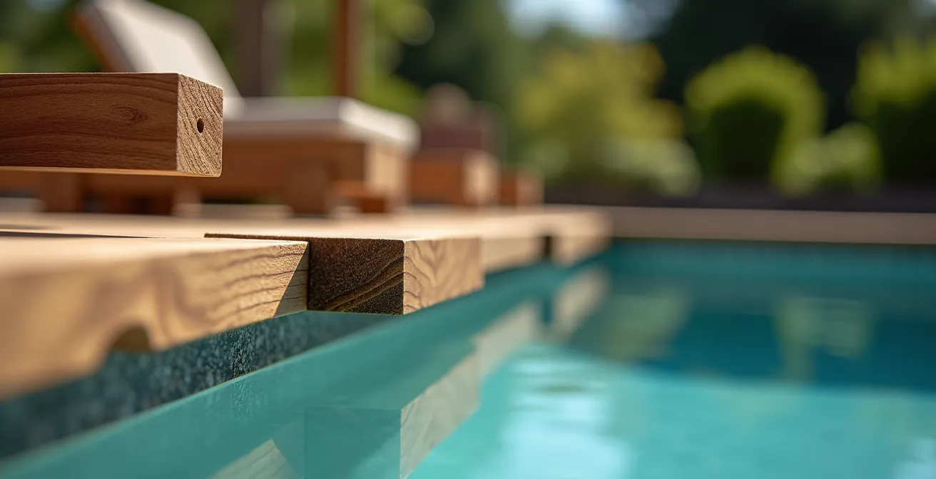 Gros plan sur l'assemblage d'une structure de piscine en bois