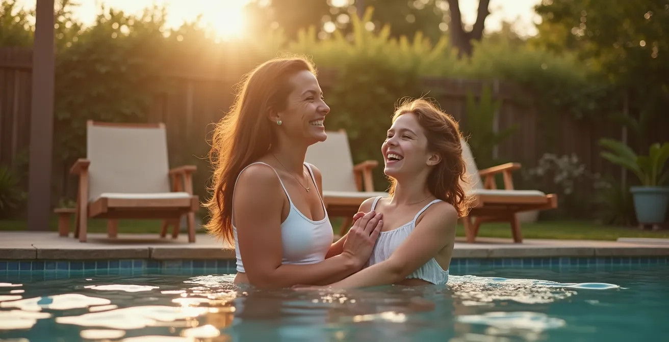 Famille se relaxant sur une terrasse en bois autour d'une piscine
