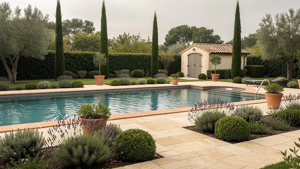 Piscine enterrée dans jardin méditerranéen avec local technique visible à distance