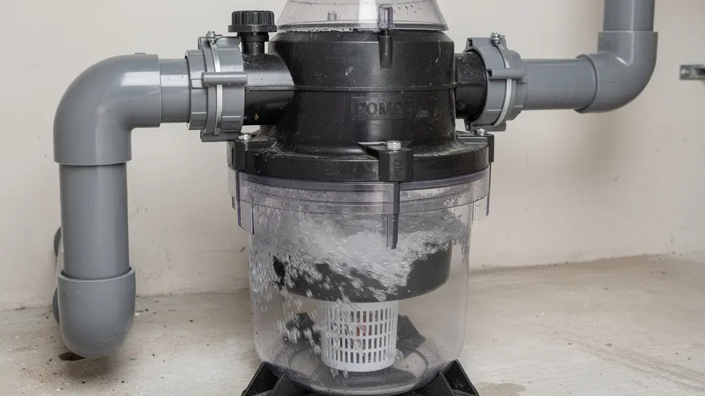 Pompe de filtration piscine en fonctionnement avec préfiltre visible et tuyauterie PVC