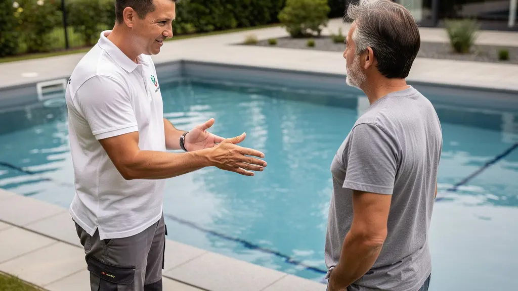 Technicien piscine discutant avec propriétaire au bord du bassin pour diagnostic