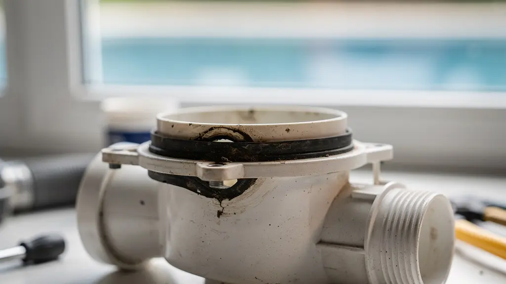 Skimmer piscine démonté montrant joint usé et zone de fuite visible
