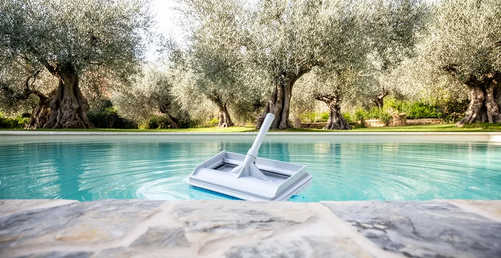 Skimmer de piscine résidentielle avec eau cristalline et végétation méditerranéenne