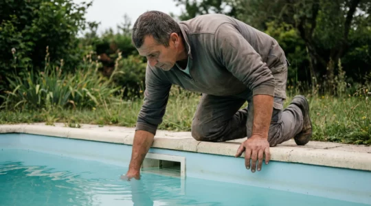 Technicien vérifiant le niveau d'eau d'une piscine au niveau du skimmer