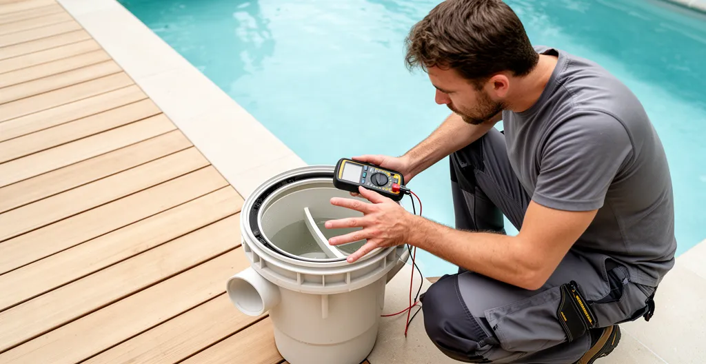Technicien piscine européen inspectant la zone du skimmer en bord de bassin