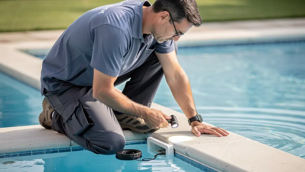 Technicien piscine inspectant zone skimmer au bord du bassin bleu