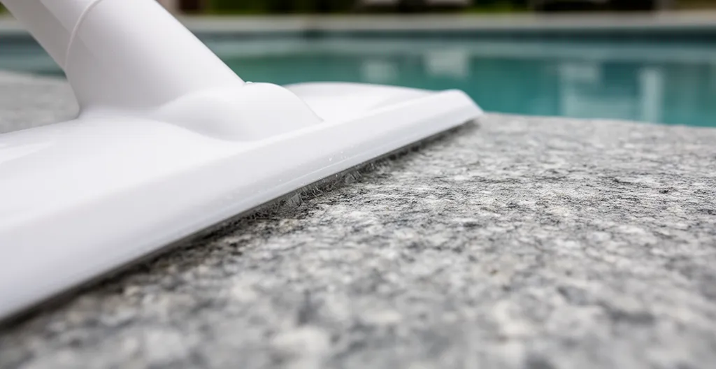 Détail zone de jonction entre skimmer et margelle avec traces d'humidité visibles