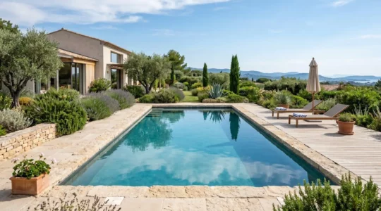 Piscine enterrée moderne avec eau parfaitement transparente dans un jardin méditerranéen sous la lumière naturelle du jour