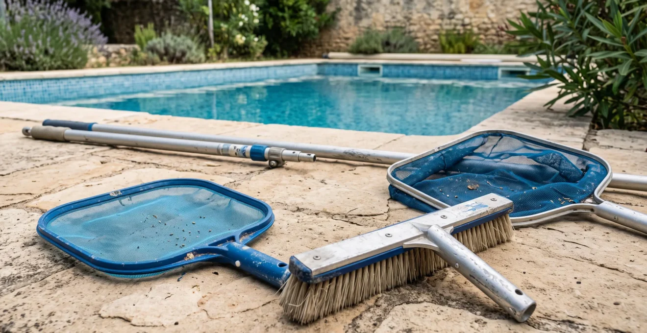 Équipements manuels de nettoyage de piscine disposés sur une terrasse en pierre naturelle