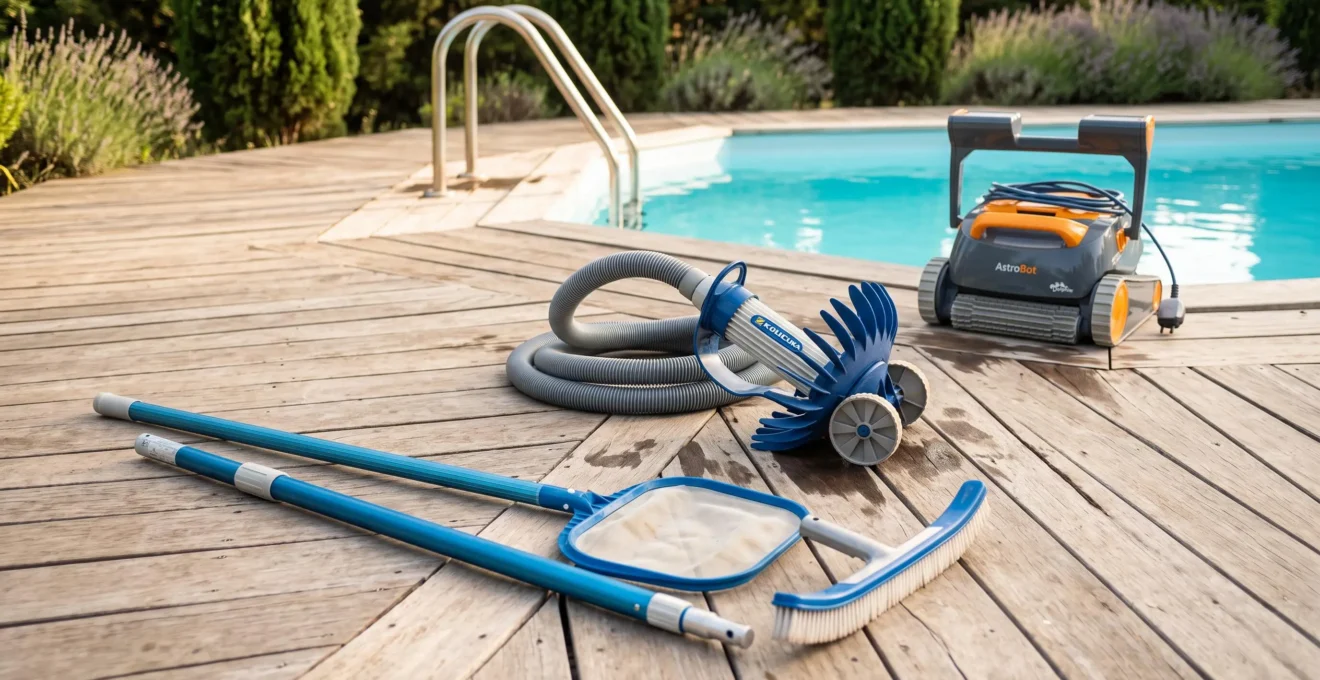 Ensemble d'équipements de nettoyage de piscine organisés par niveau sur une terrasse en bois