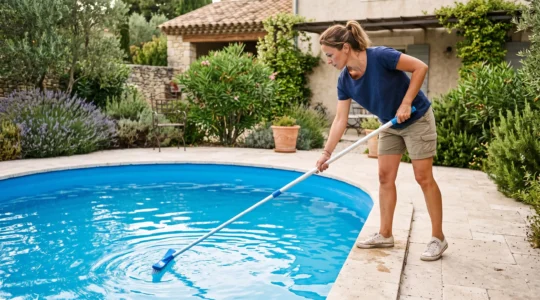 Propriétaire nettoyant les parois de sa piscine résidentielle avec un balai télescopique manuel