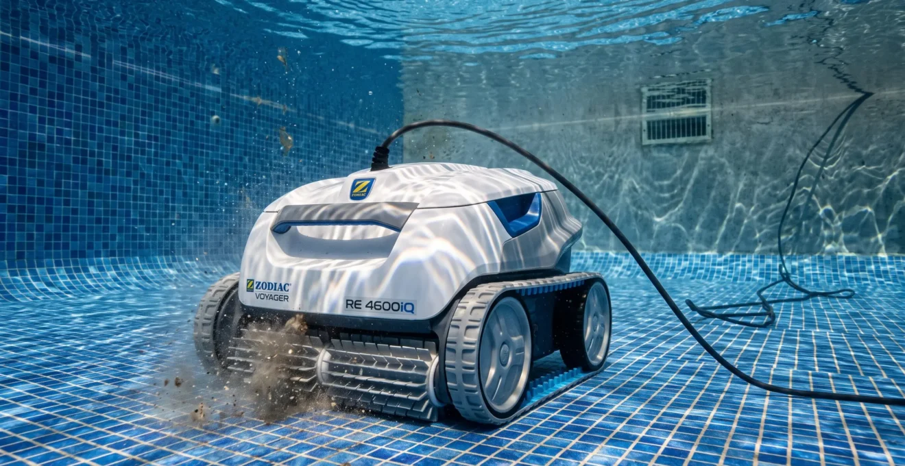 Robot de piscine autonome nettoyant le fond d'une piscine résidentielle sous l'eau